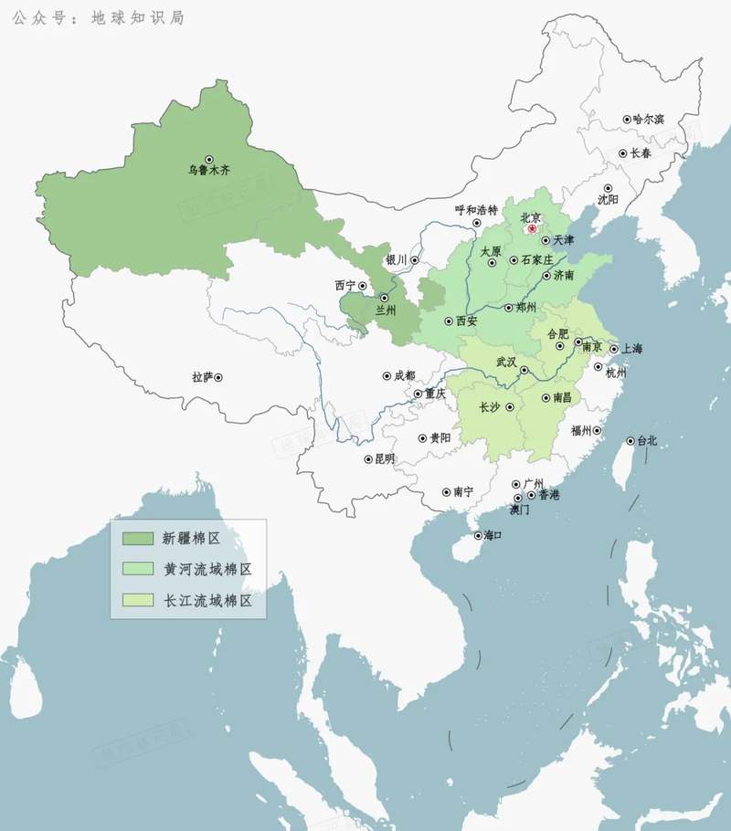 02-220917>中国三大棉产区▼作为重要的植物纤维之一,棉花一经引入