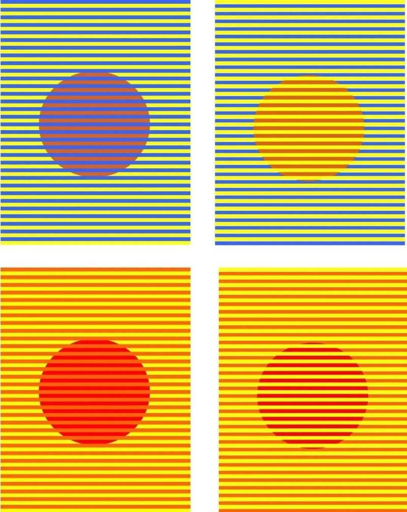 于是框架色在蓝黄之间变化时,错觉更显著.